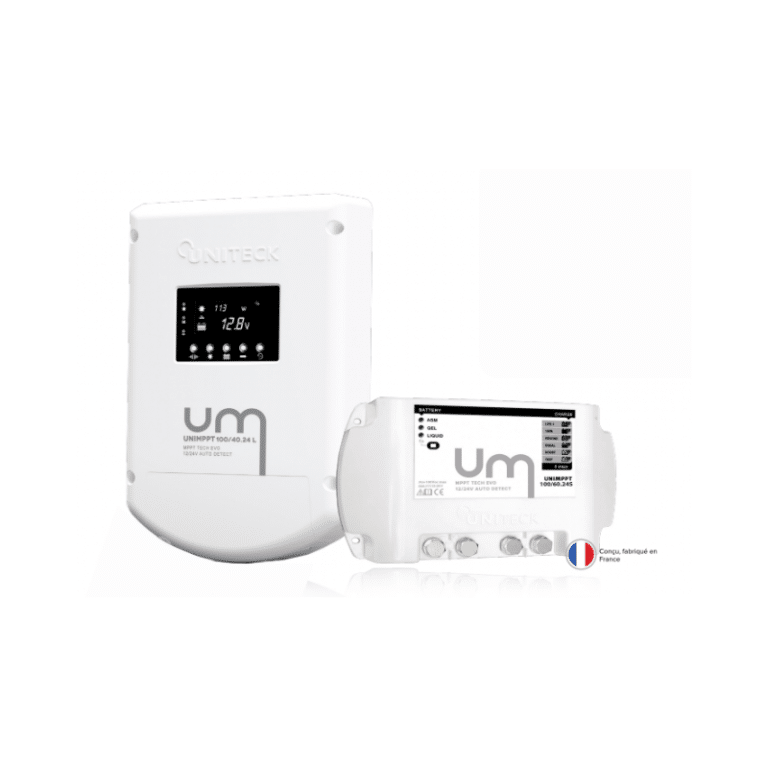 Régulateur solaire UNIMPPT 10 vu de face avec logo "fabriqué en france"