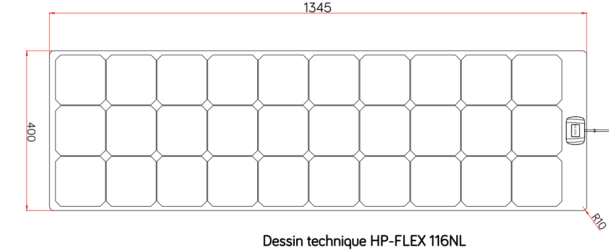 Schéma des dimensions du panneau solaire HPFLEX black