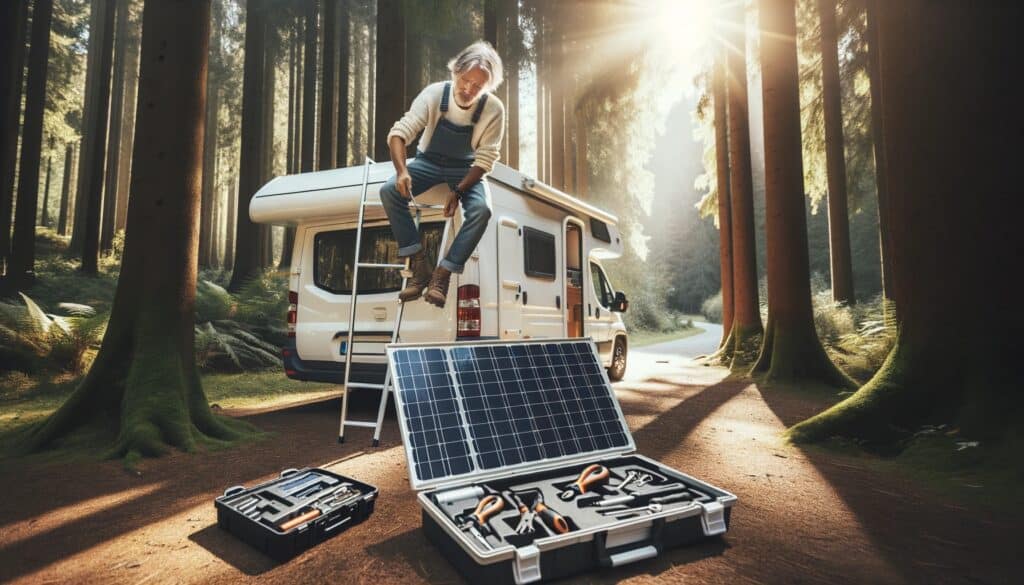 Expert captivan qui installe un panneau solaire sur camping-car