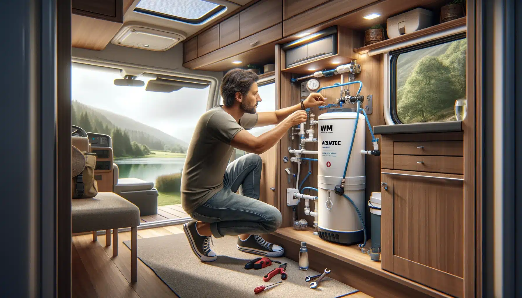 Image d'un homme installant un système de filtration aquatec
