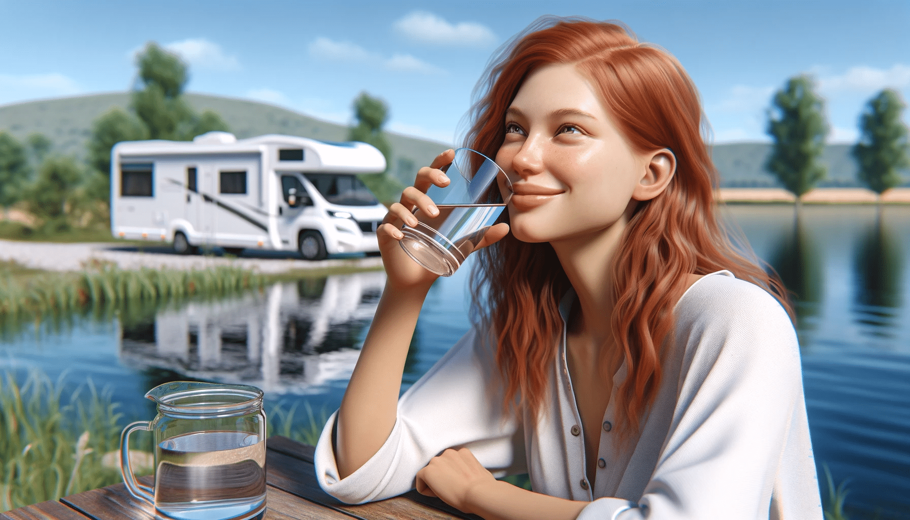 Femme buvant de l'eau purifié devant son camping-car