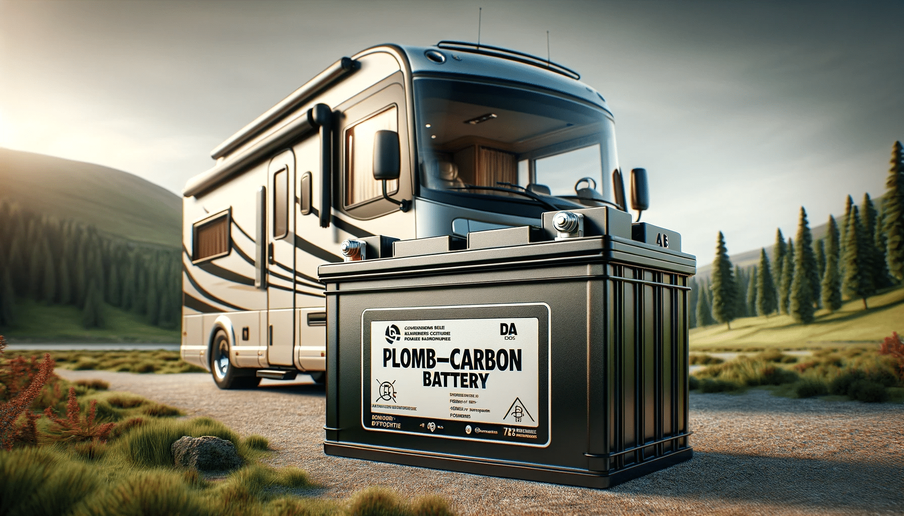 Batterie plomb-carbone avec un camping-car en arrière plan