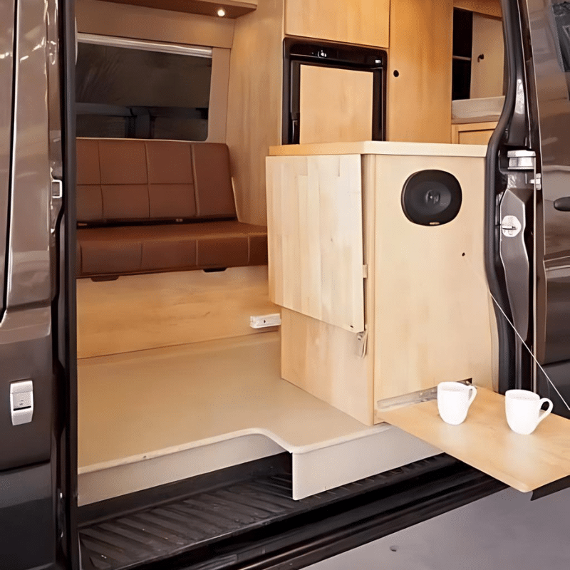 Table escamotable en bois dans un van