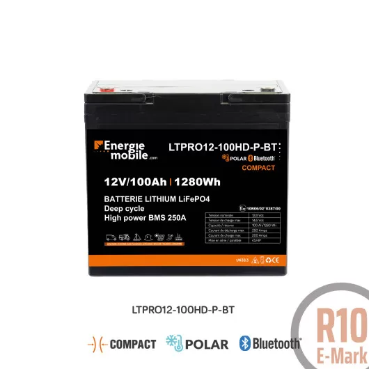 Image de la batterie Lithium LTPRO 12V 100Ah POLAR compacte d’Énergie Mobile, conçue pour les environnements froids et les installations autonomes nécessitant performance, robustesse et format réduit.