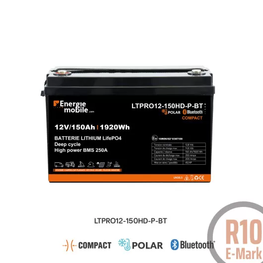 Image de la batterie Lithium LTPRO 12V 150Ah POLAR compacte d’Énergie Mobile, conçue pour les environnements froids et les installations autonomes nécessitant performance, robustesse et format réduit.