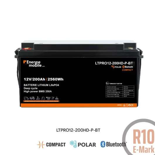 Photo de la batterie Lithium LTPRO 12V 200Ah BT POLAR Compacte d’Énergie Mobile, modèle haute capacité LiFePO4 avec connectivité Bluetooth, idéale pour les systèmes solaires, camping-cars et installations autonomes.