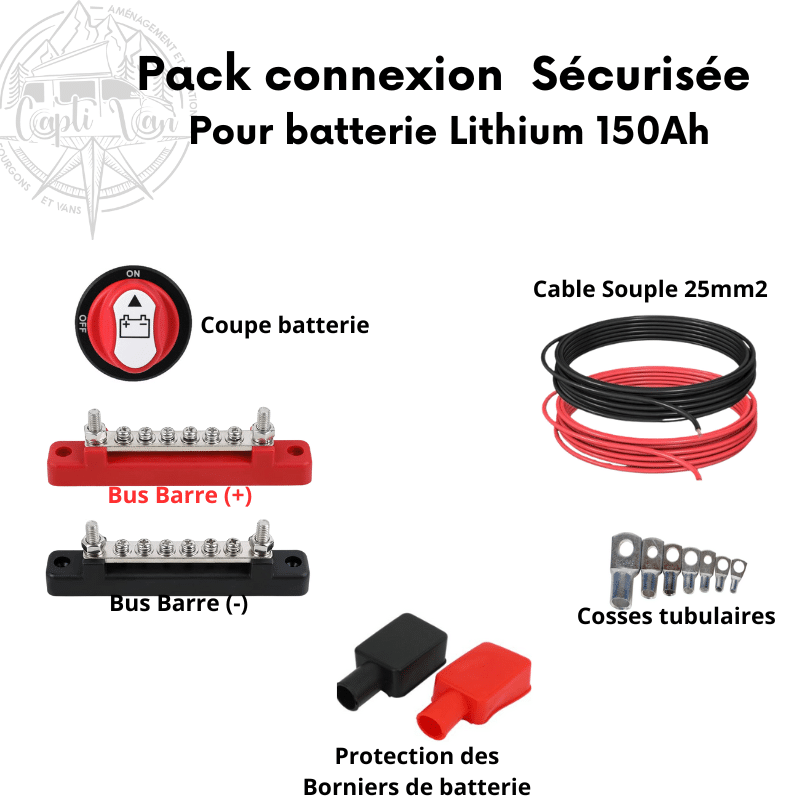 Kit permettant de connecter en sécurité la batterie de cellule 150Ah camping-car, van, fourgon aménagé ou bateau photo du contenu du kit