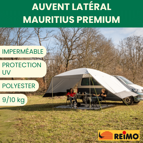 Auvent latéral Anthracite - REIMO MAURITIUS PREMIUM 260 de Captivan, avec pare-vent pour une protection optimale en campement.