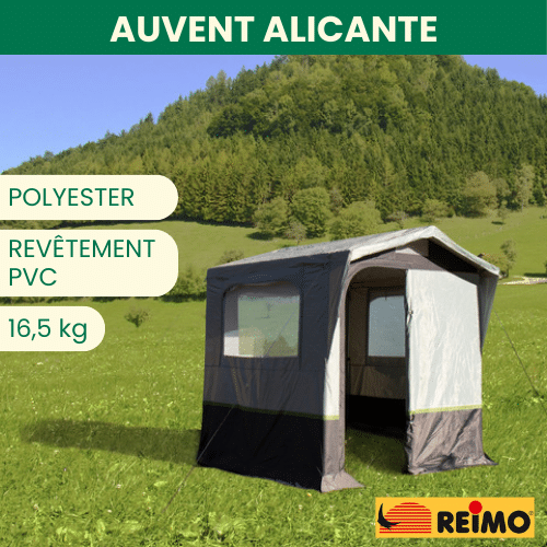 Tente REIMO ALICANTE chez Captivan, abri de rangement en toile avec porte et fenêtres, idéal pour cuisiner ou stocker votre matériel de camping.