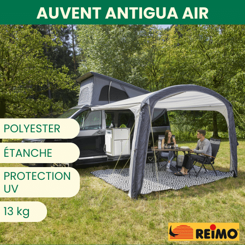 REIMO ANTIGUA AIR : auvent latéral polyvalent pour fourgon aménagé, se transforme en solette ouverte, disponible chez Captivan.