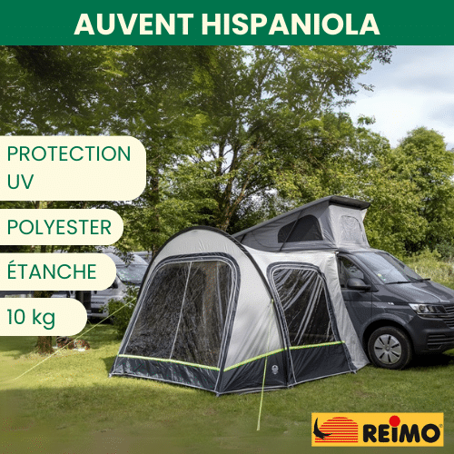 Auvent latéral REIMO HISPANIOLA 320 x 250 cm, pour fourgon aménagé, disponible chez Captivan, idéal pour un espace de vie supplémentaire.