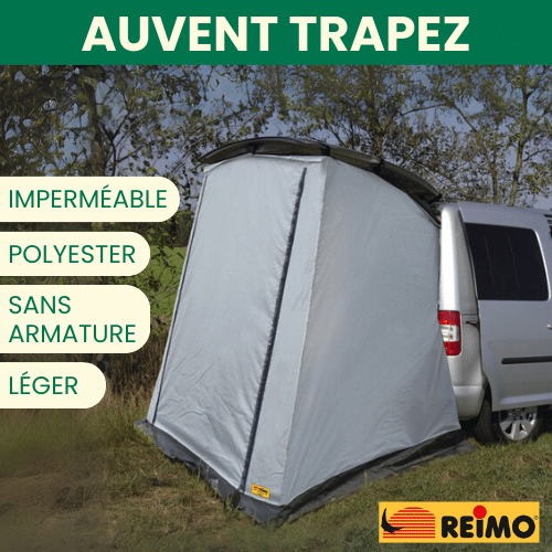 REIMO AUVENT TRAPEZ par Captivan, auvent compact pour hayons de ludospaces et vans aménagés comme Kangoo et Partner.