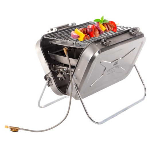 HT BARBECUE PORTABLE À GAZ Captivan, barbecue compact idéal pour fourgon aménagé et camping-car, alimenté au gaz, utilisation facile.