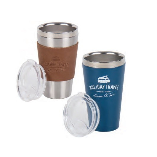 HT TASSE DOUBLE PAROI INOX 550 ML de Captivan, idéale pour garder le café au chaud en camping-car ou bateau avec son couvercle transparent.