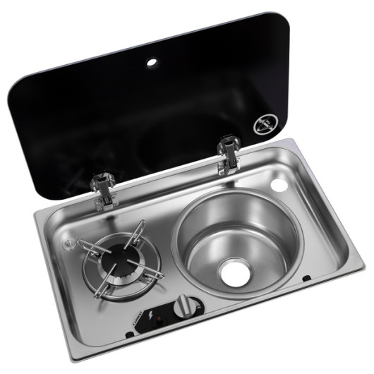 CARBEST COMBINÉ AVEC COUVERCLE 1 FEUX par Captivan, idéal pour cuisine de fourgon ou bateau, inox, plaque en verre trempé.