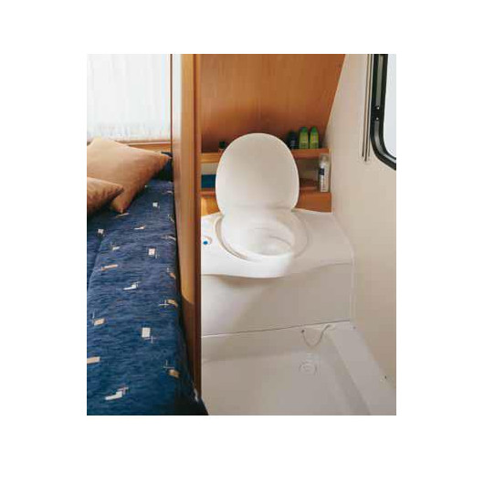 WC chimique fixe THETFORD C403-L avec réservoir cassette sur roulette et chasse d'eau électrique, disponible chez Captivan.