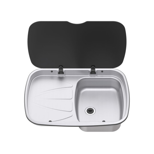 THETFORD ARGENT SINK, Captivan - Évier inox pour camping-car avec égouttoir, couvercle rabat et options cuve à droite ou gauche.