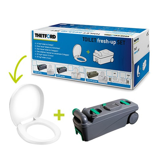 THETFORD FRESH-UP SET C 500 chez Captivan, kit complet de remplacement pour cassette WC et lunette de camping-car, idéal pour revente.