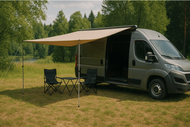 Auvent pour van aménagé repliable lors d’un road trip