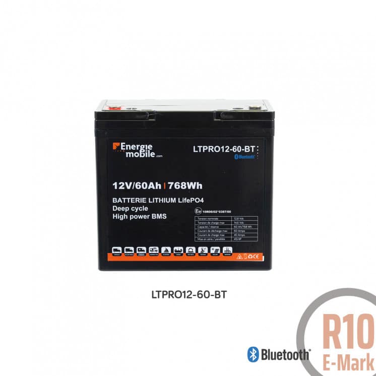 Batterie Lithium LTPRO 12V 60Ah BT Énergie Mobile avec technologie LiFePO4, compacte, légère et compatible Bluetooth.