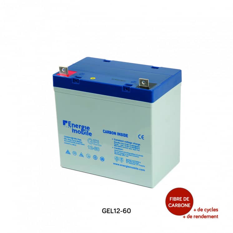 Batterie GEL 12V 60Ah Énergie Mobile pour applications solaires, marines et véhicules de loisirs, étanche et sans entretien.