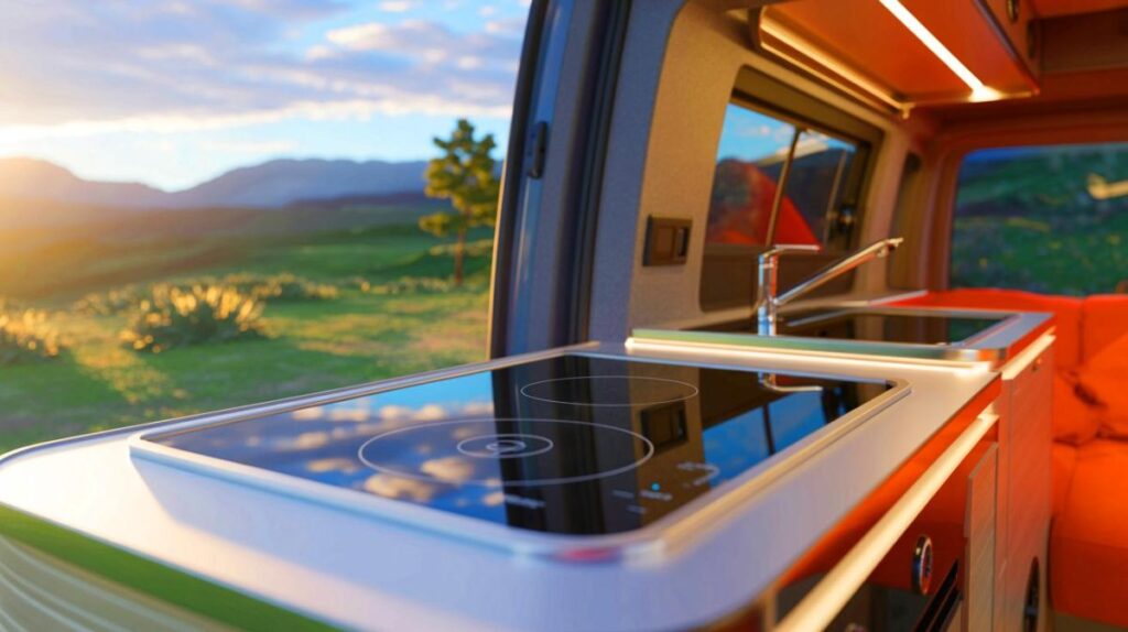 Plaque à induction installée dans un van aménagé – solution de cuisson moderne, compacte et sans gaz pour la vie en mobilité ou les voyages en camping-car.